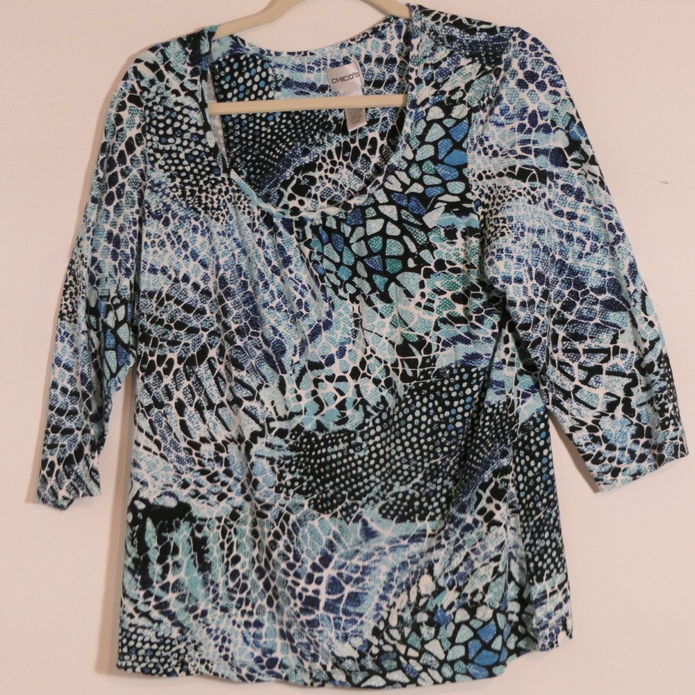 Chico's Womens Top L Blue Black Animal Mosaic Print Snakeskin Artistic Whimsical